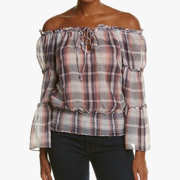 Max Studio Off the Shoulder Cottagecore Plaid Women's Top. New with tag - Picture 2 of 4